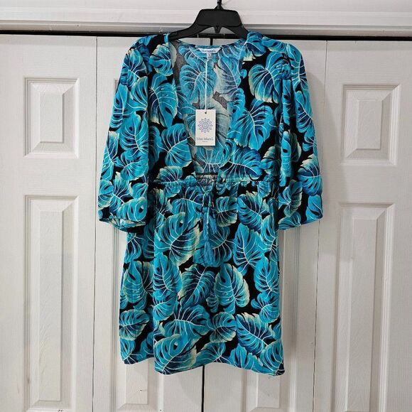 Blue Island Beach Women's Blue & Black Kimono 3/4 Sleeve Front Tie Coverups  S - Picture 1 of 11